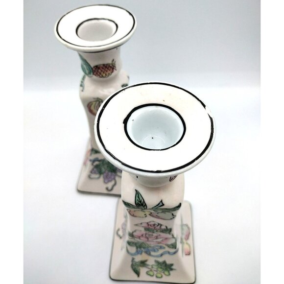 Taper Candle Holders Chinoiserie Hand Painted Vintage Floral Pastel Pair 8.3 In - Picture 9 of 13